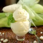 a dish of sweet corn ice cream with ears of corn in the background
