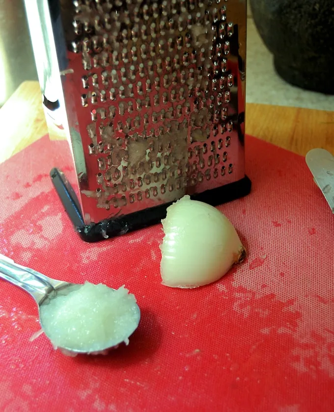 a grated onion on a red cutting board