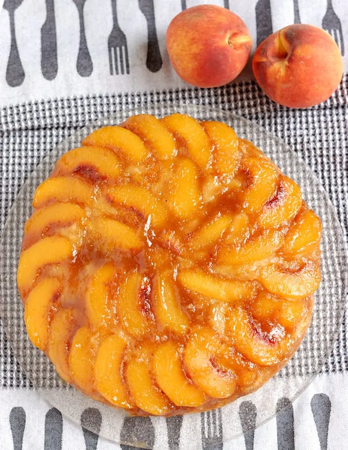 a top view of a peach upside down cake 