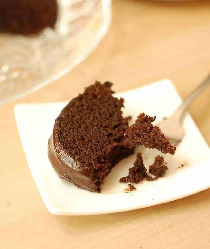 a slice of chocolate beet cake with a fork