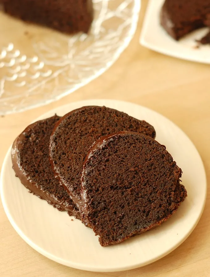 three silces of chocolate beet cake