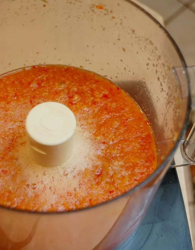 pureed peppers in a food processor.