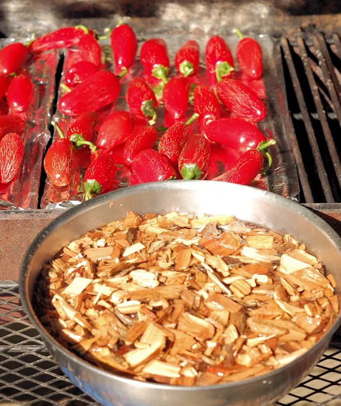 grill setup for making chipotle peppers