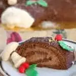 This is a slice of chocolate Buche de Noel, Yule Log Cake