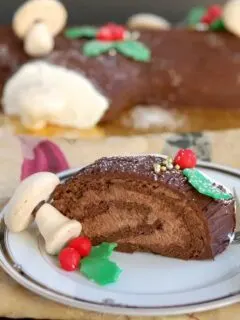 This is a slice of chocolate Buche de Noel, Yule Log Cake