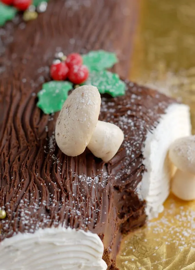 Photo of a meringue mushroom on a yule log cake