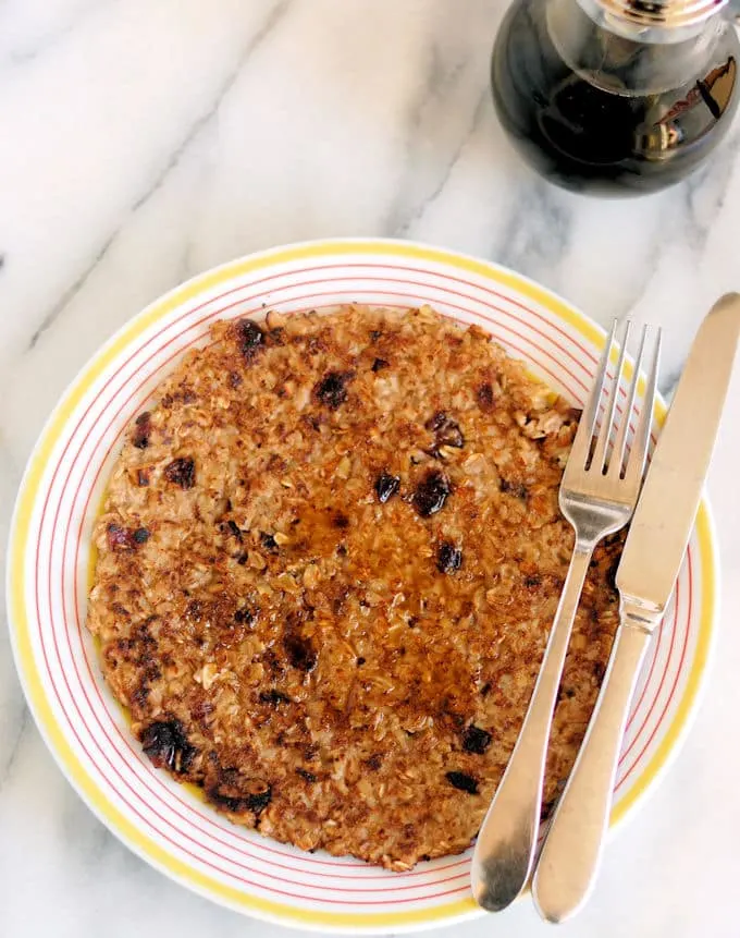 a Crispy Oatmeal Pancake with maple syrup