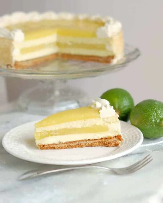 a slice of lime layered cheesecake on a white plate