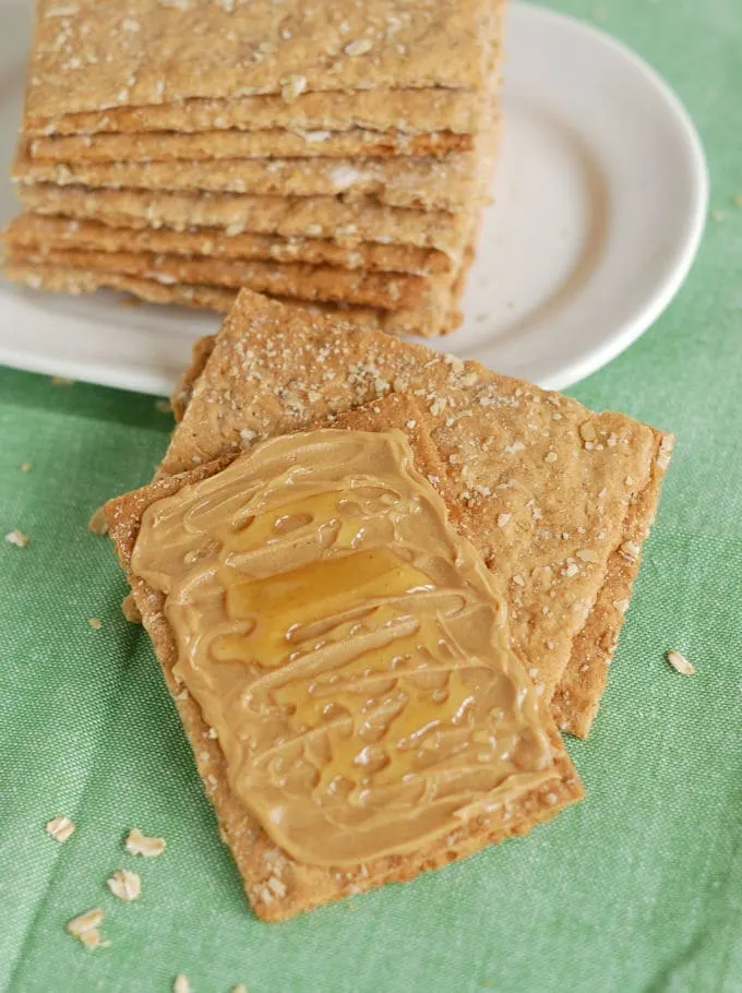 Oatmeal Crispbread (Knackebrod) topped with peanut butter and honey