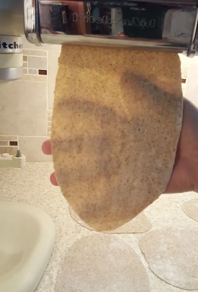 crispbread dough rolled in a pasta machine
