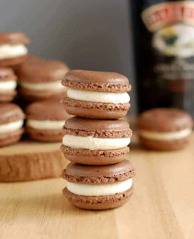 a stack of baileys chocolate macarons