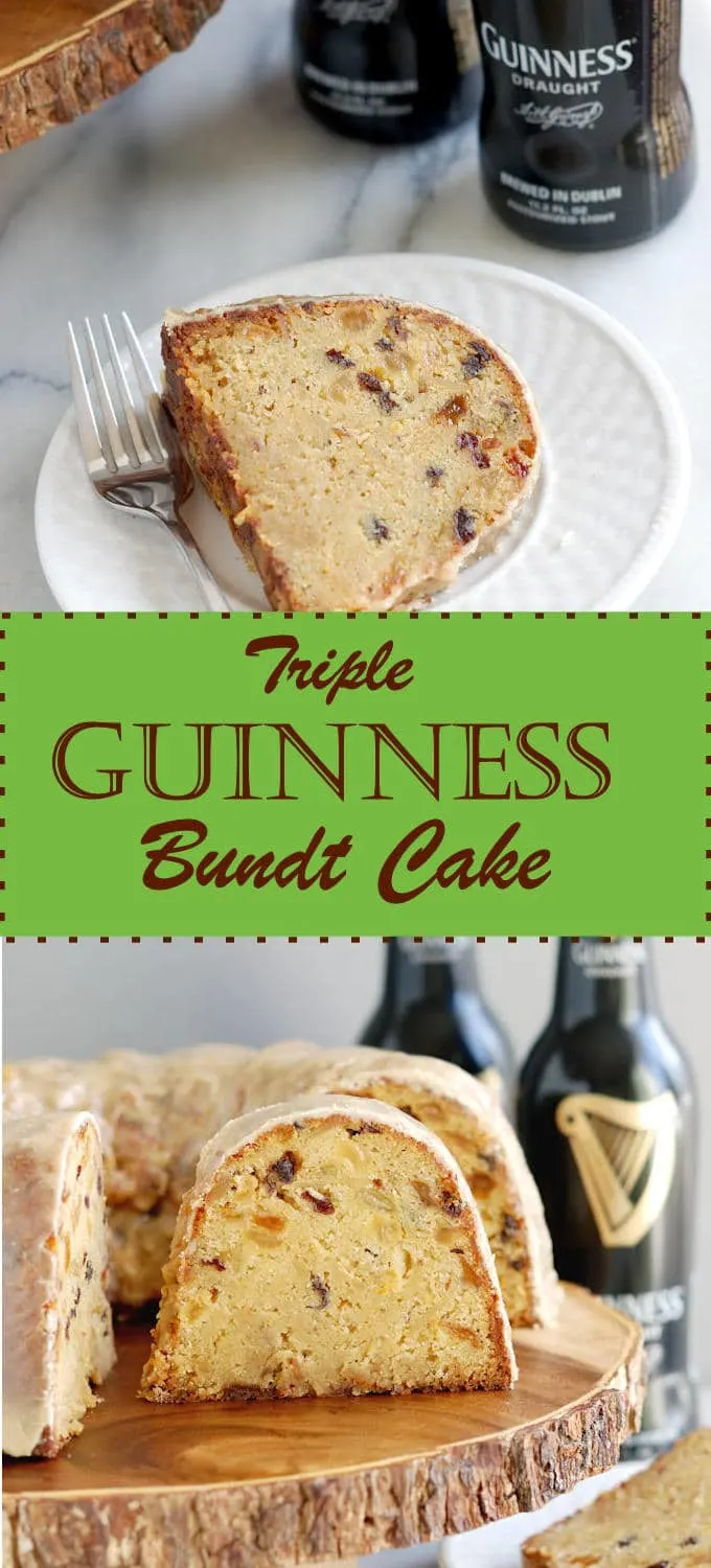 A rich cake with golden raisins, almonds and Guinness Stout added 3x. Easy, tasty and it keeps for weeks.