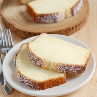 two slices of pound cake on a plate.
