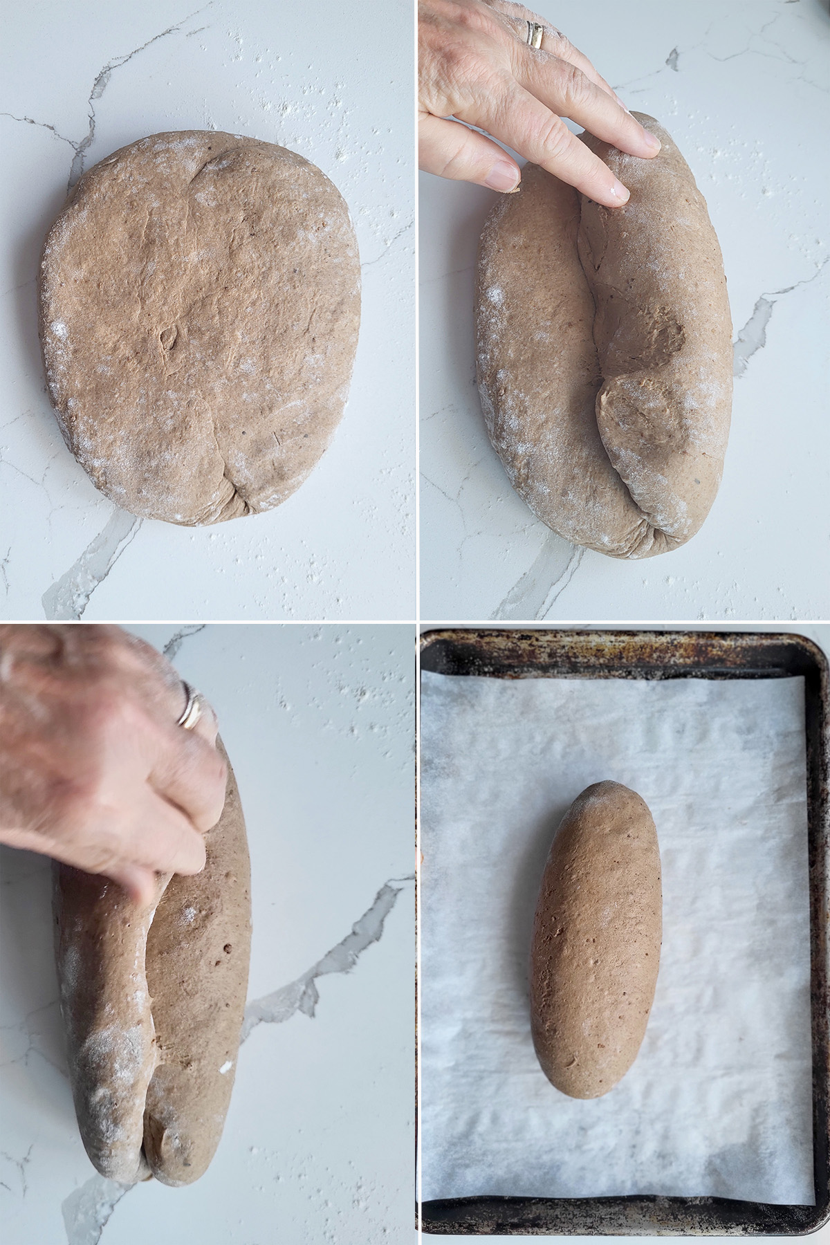 shaping a loaf of pumpernickel bread.