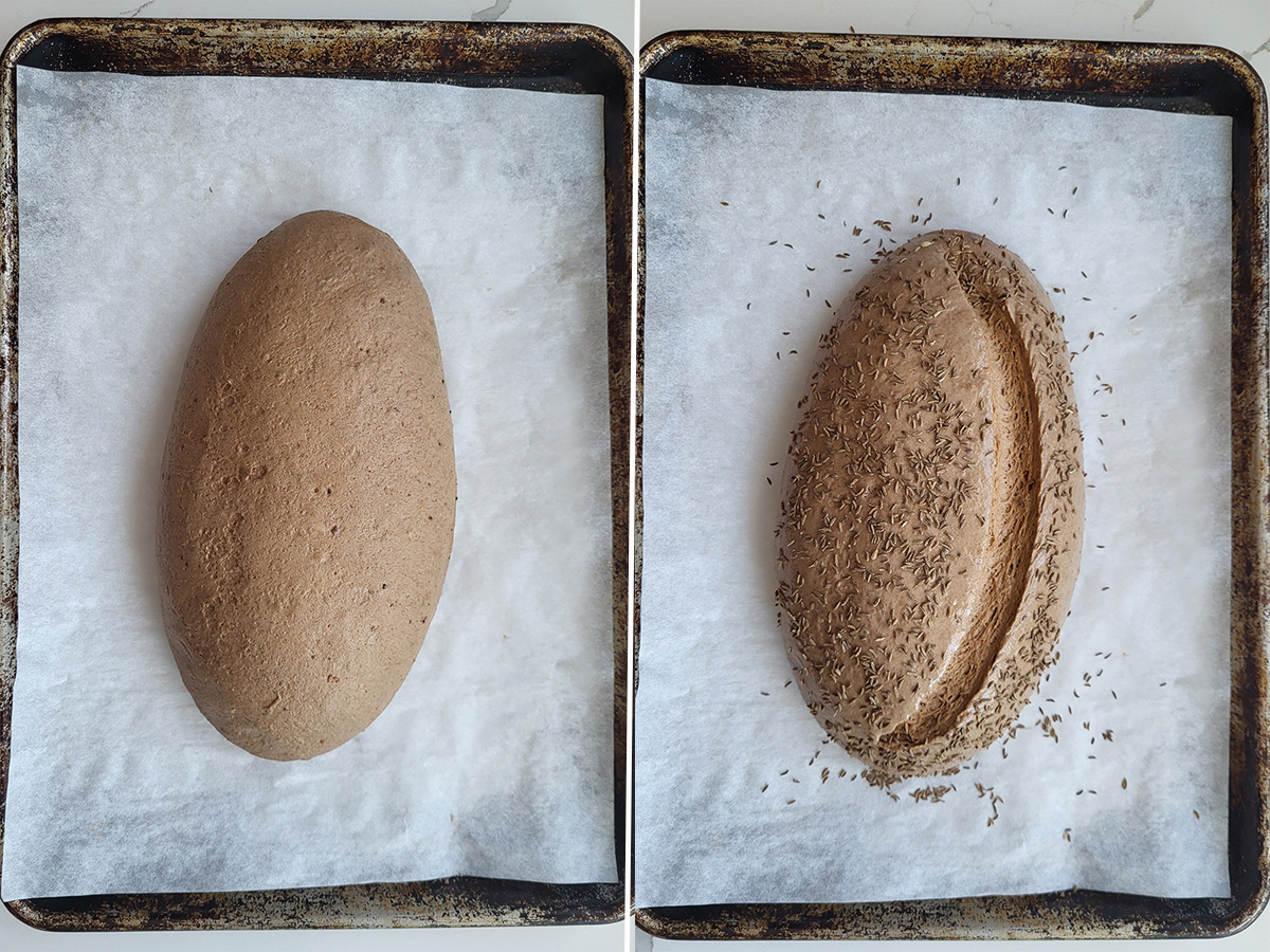 pumpernickel bread dough on a sheet pan before baking