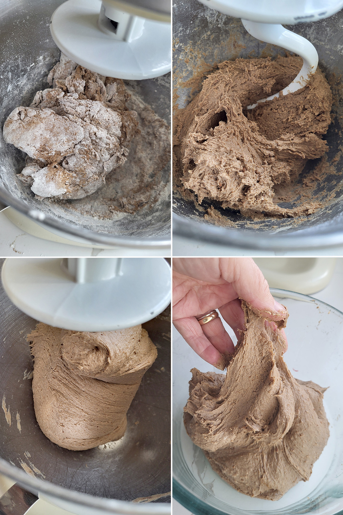 pumpernickel bread dough in a bowl with a dough hook.