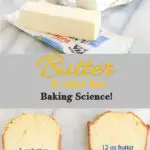 Tall image show slices of pound cake, a stick of butter, shortening and a cup of oil. Text overlay read, Butter and other fat. Baking Science!