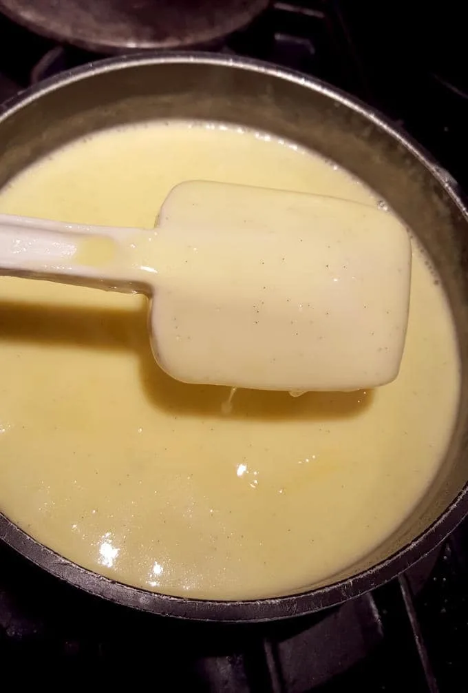 a pot of custard and a spatula.