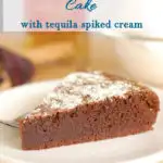 a slice of mexican hot chocolate cake with pinterest text overlay