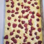 a tray of brownie batter with raspberrie