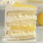 a pinterest image for lemon mousse cake with text overlay.