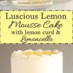 a pinterest image with a lemon cake and a slice of lemon cake. Text overlay.