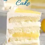 a slice of lemon mousse cake with a text overlay that says Luscious Lemon Mousse Cake