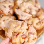 a pinterest image for rhubarb fritter recipe with text overlay.