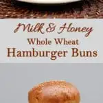 a pinterest image for whole wheat hamburger buns with text overlay.