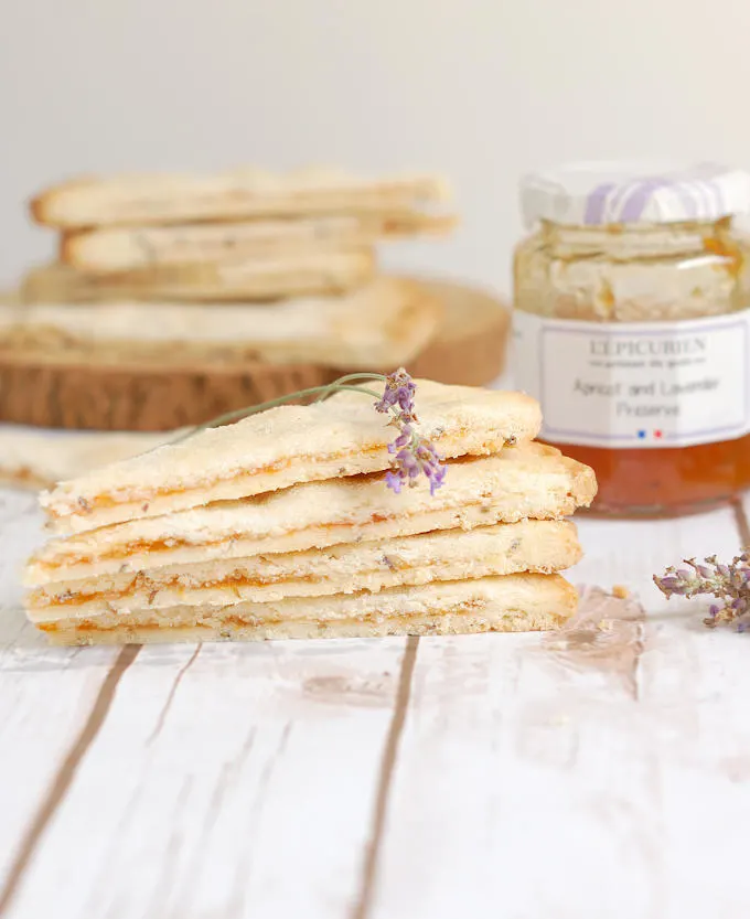 a stack of apricot lavender filled shortbread