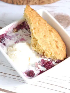 beauty shot of blueberry cobbler.
