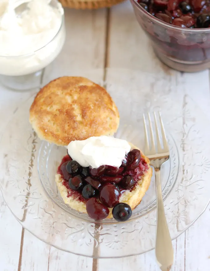 a blueberry & cherry shortcake on a plate