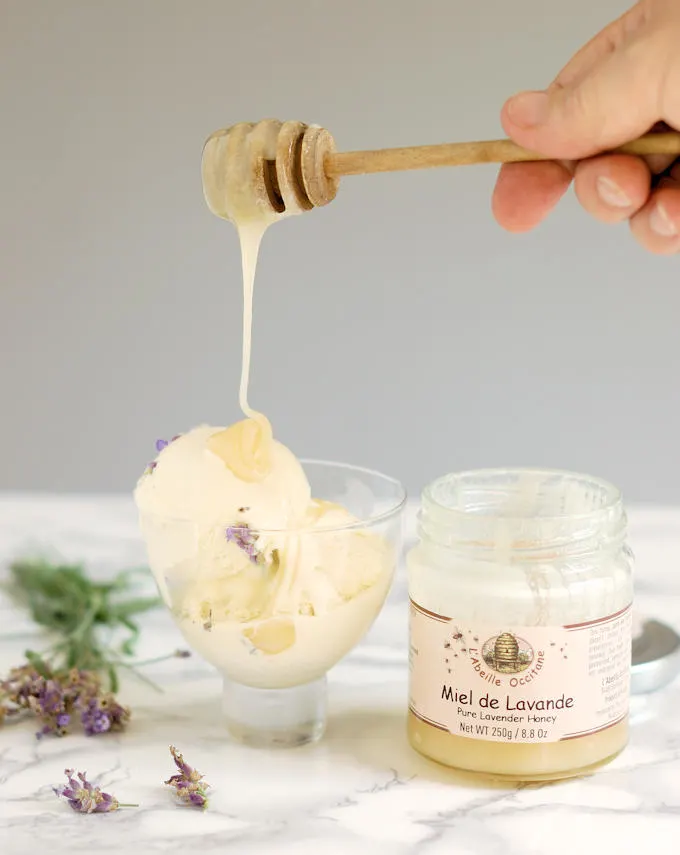 a bowl of lavender honey ice cream