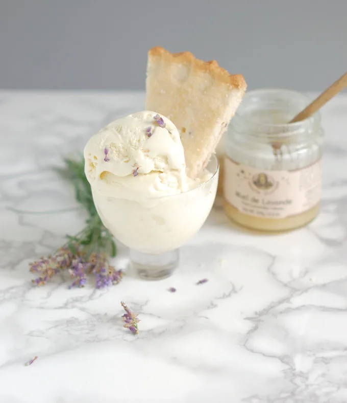 a bowl of lavender honey ice cream with a lavender honey shortbread cookie