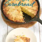 a skillet of smoked cornbread with text overlay for pinterest