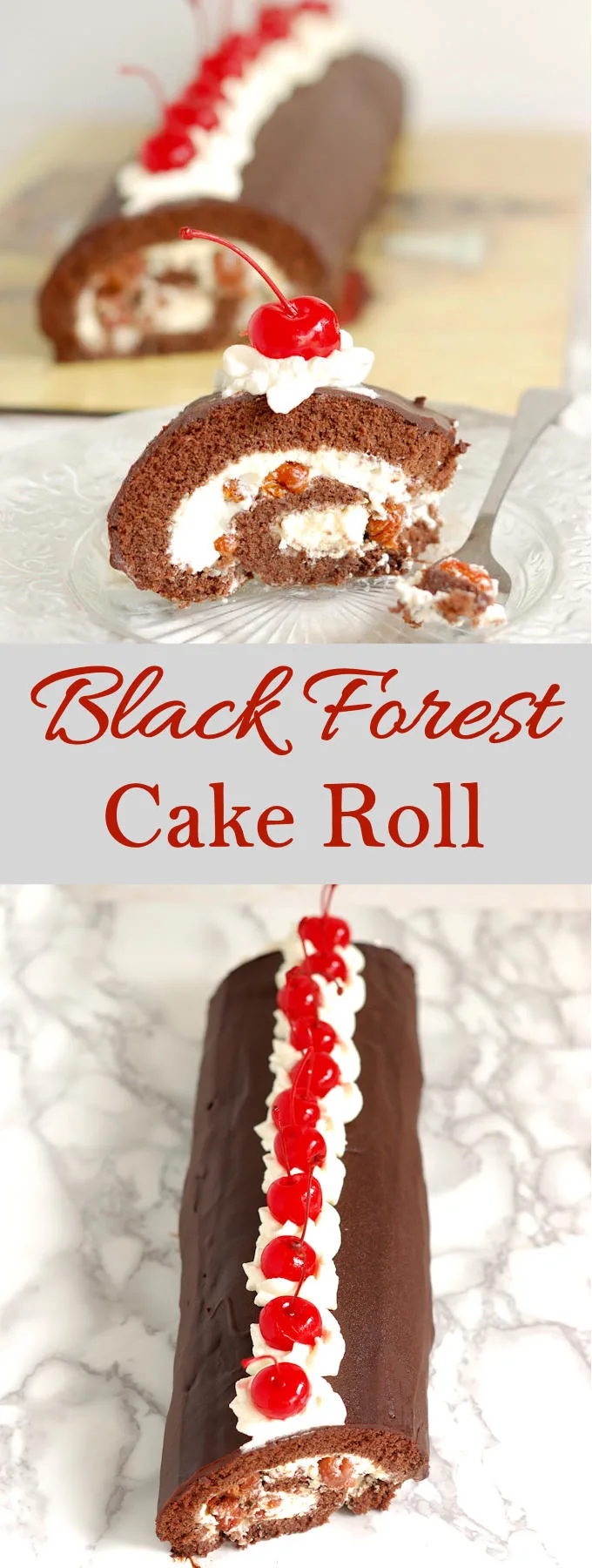 Black Forest Cake roll with chocolate sponge cake with detailed instructions and a video.