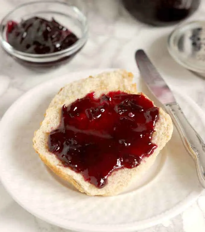 concord grape jam with vanilla on a piece of bread