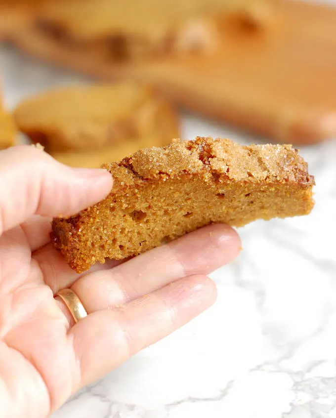 a closeup shot of a hand holding a slice of pumpkin bread