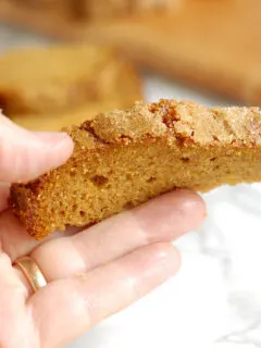 a hand holding a slice of pumpkin bread.