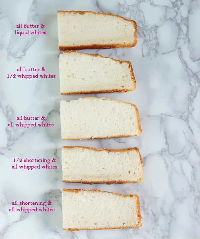 Five slices of white cake from various test cakes showing the difference in texture.