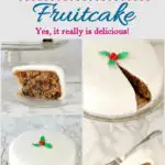 a pinterest image for brandy aged fruitcake with text overlay