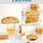 a pinterest image showing almond biscotti with wine and espresso. Text overlay.