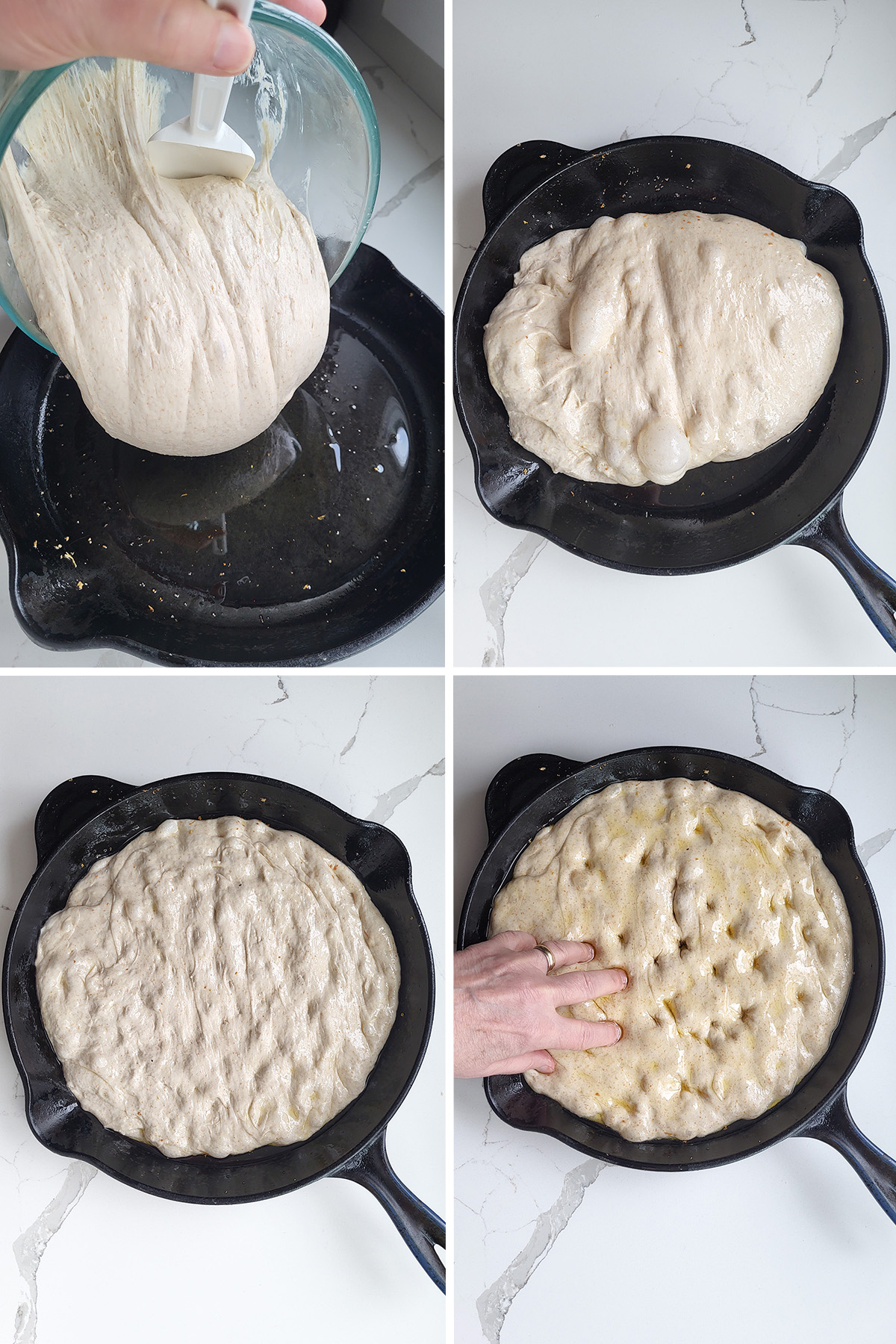 sourdough focaccia dough in a cast iron skillet with fingers dimpling the dough.