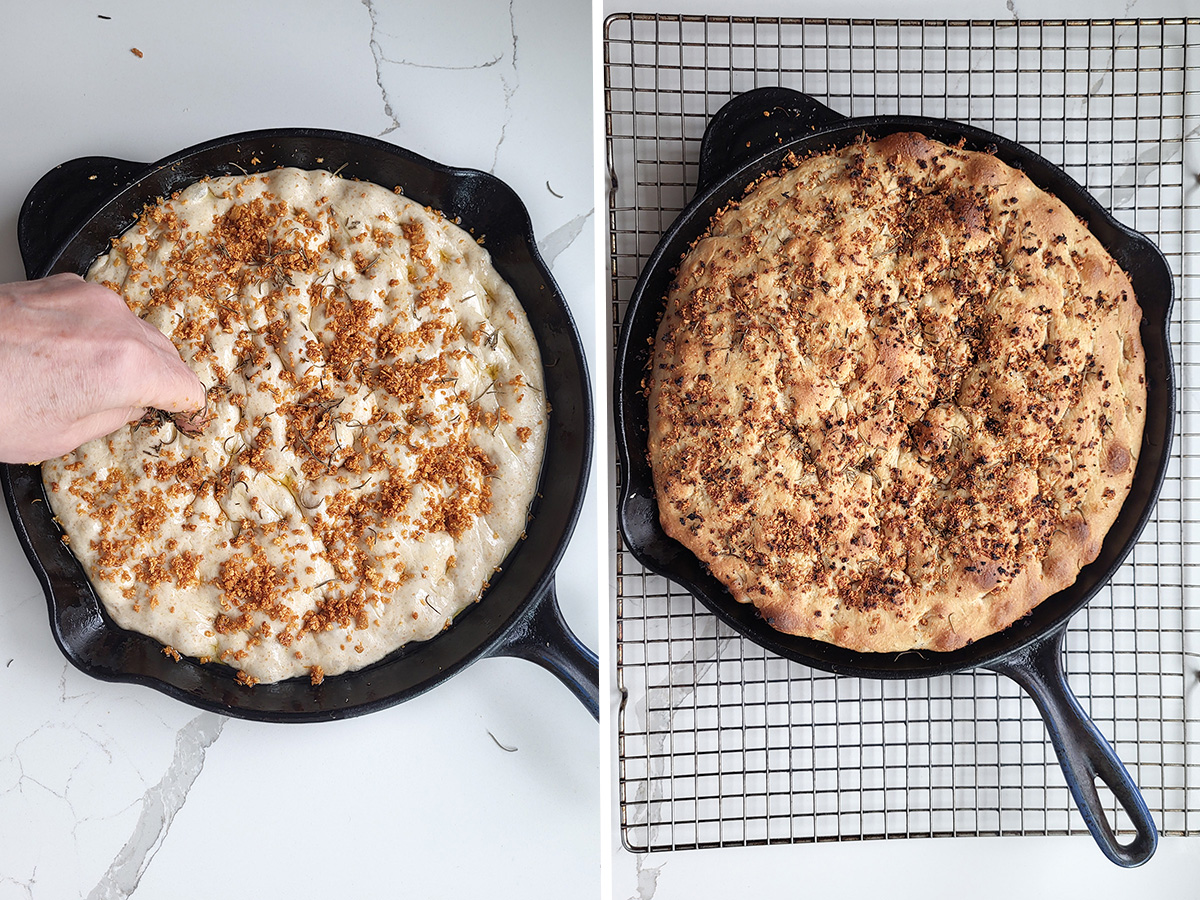 sourdough focaccia in a skillet before and after baking.