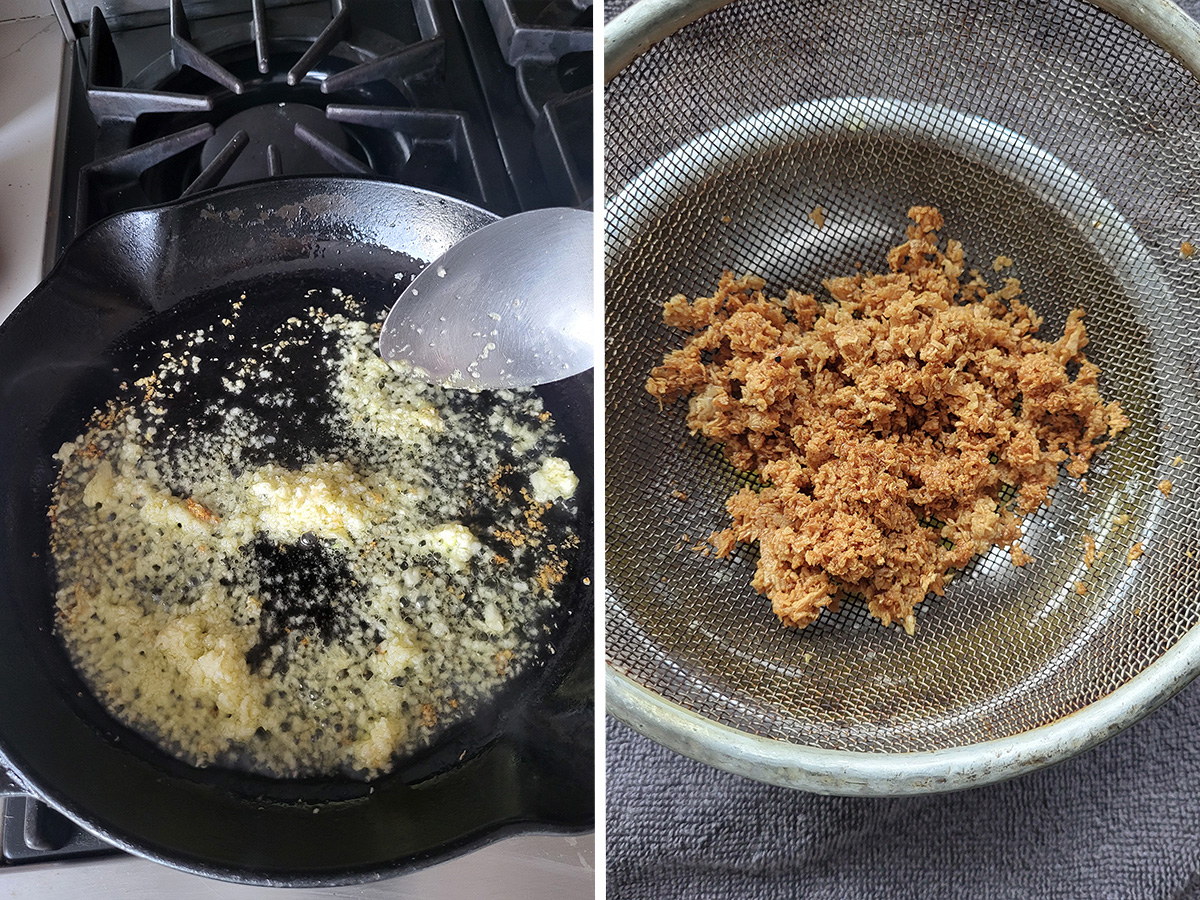garlic frying in a pan with oil. Crisp garlic in a strainer.