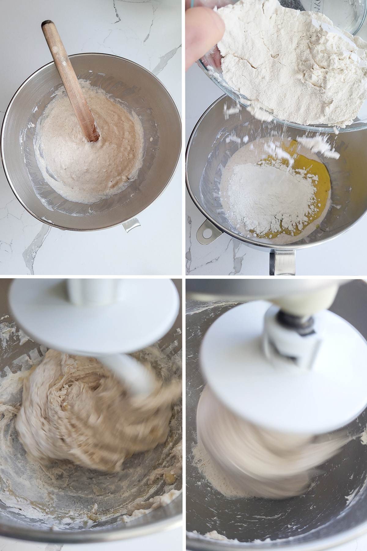 sourdough focaccia dough in a mixer bowl with dough hook.