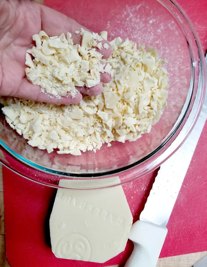 chopped white chocolate in a bowl