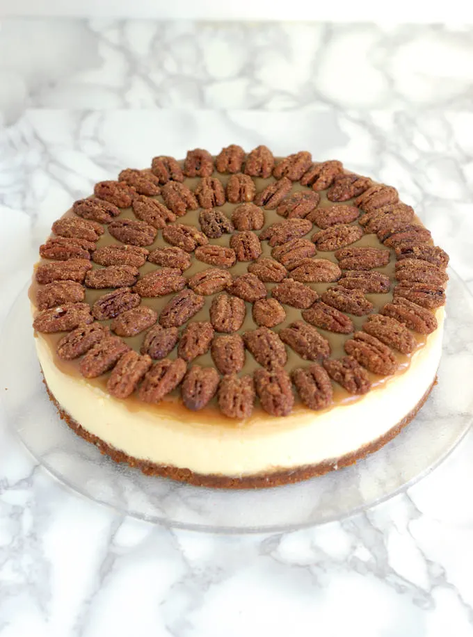 an overheat view of a Bourbon Butterscotch Cheesecake