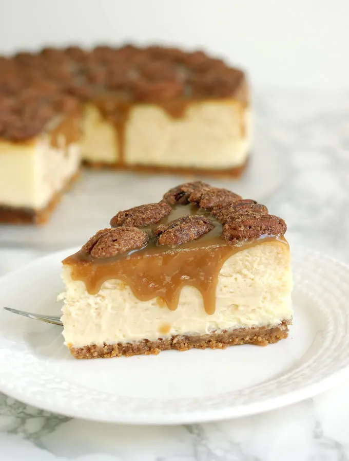 a slice of Bourbon Butterscotch Cheesecake on a plate