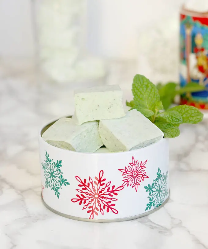 fresh mint marshmallows in a decorative tin